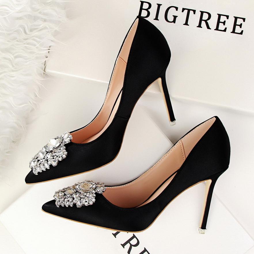 Bigtree Štrasové dámské boty Jemný podpatek 10 cm vysoký podpatek Sexy Tenké Mělké Ústa Špičaté Lesklé Štrasové přezka Samostatná obuv