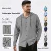 Men's Hooded Drawstring Cotton-Linen Blend T-Shirt Shirt Solid Colour Loose-Fit Long-Sleeved Casual Cardigan Beach Cover-Up