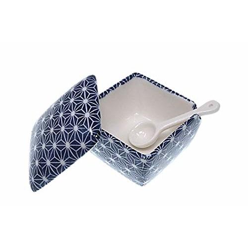Blue Hemp Leaf Condiment Container, Made in Japan, Ceramic, with Spoon, for Ichimi, Salt, Sansho, Shichimi, and Mustard, Commercial-Grade Tableware, A