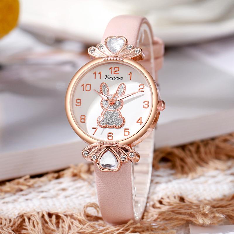 

Женские часы с дизайном кролика, ретро женские кварцевые наручные часы, женские кожаные часы розовый