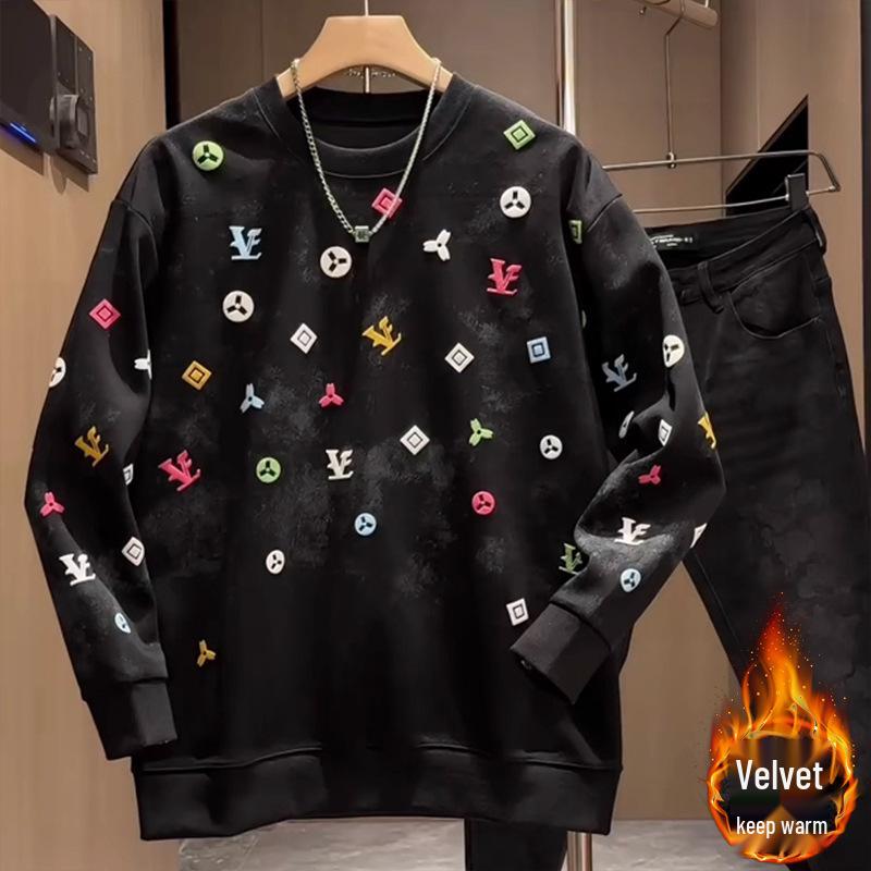 Men's Trendy Heavyweight Hoodie - Spring/Autumn 2025, Plus Velvet, Round Neck, Long Sleeve Top