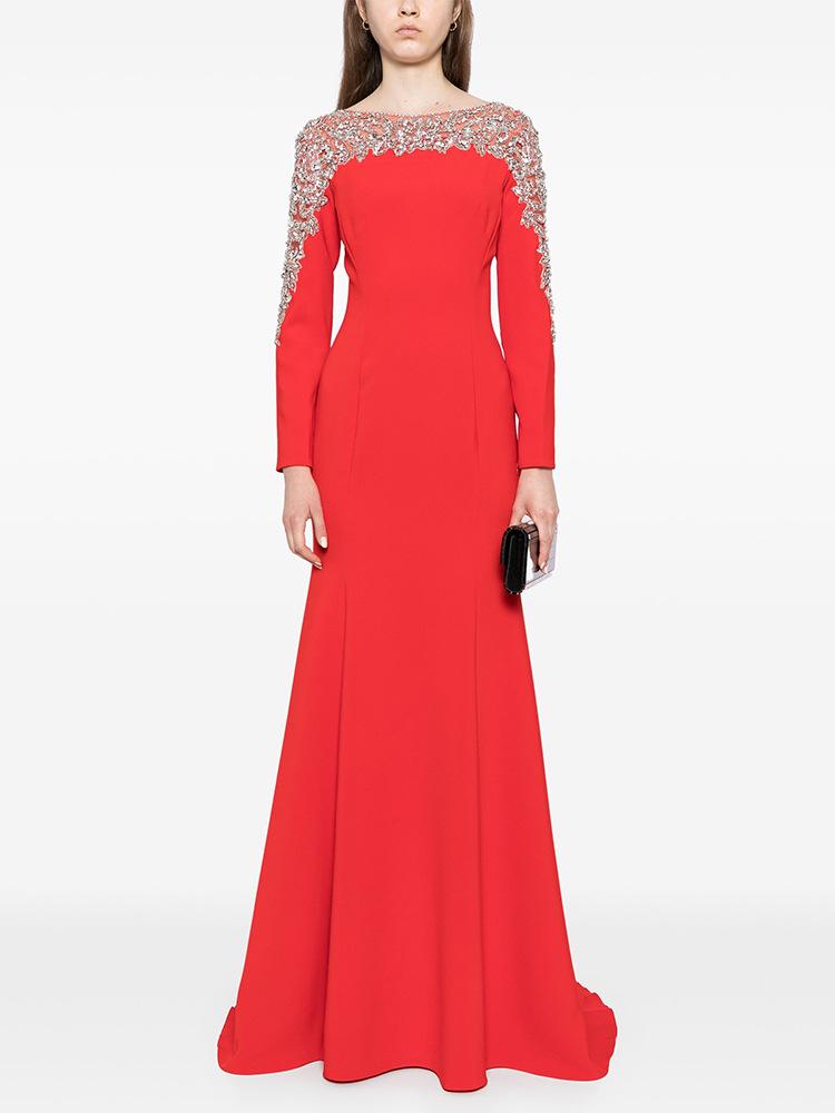 Elegant Grand Banquet Gown 2026: Mesh Splicing, Heavy Beading, Rhinestone Inlaid Long Dress