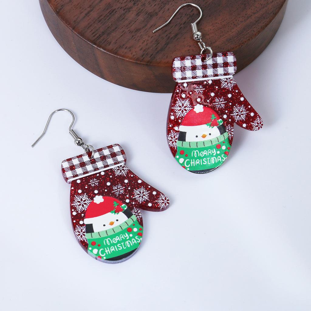 Exaggerated Christmas Elk Snowflake Earrings, Personalized Gloves Snowman Design Acrylic Earrings