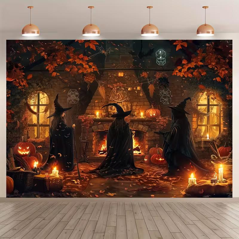 2D Halloween Witch Gathering Tapestry, Autumn Cottage Wall Hanging Background Cloth