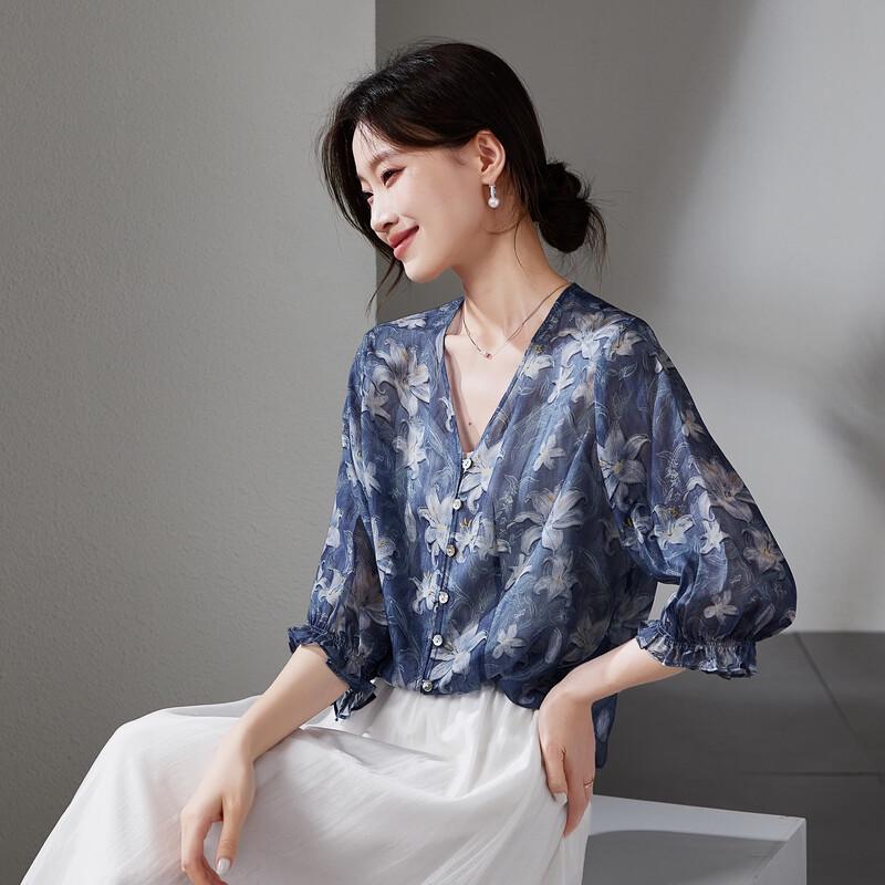 Sofsil Women s Floral Print Mulberry Silk V-Neck Shirt L