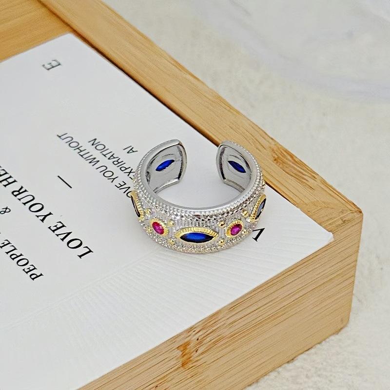 Light Luxury Full Diamond Sea Blue Zircon High-End Open Ring Gypsy Star Niche Design Butterfly Personalized Index Finger Ring Female