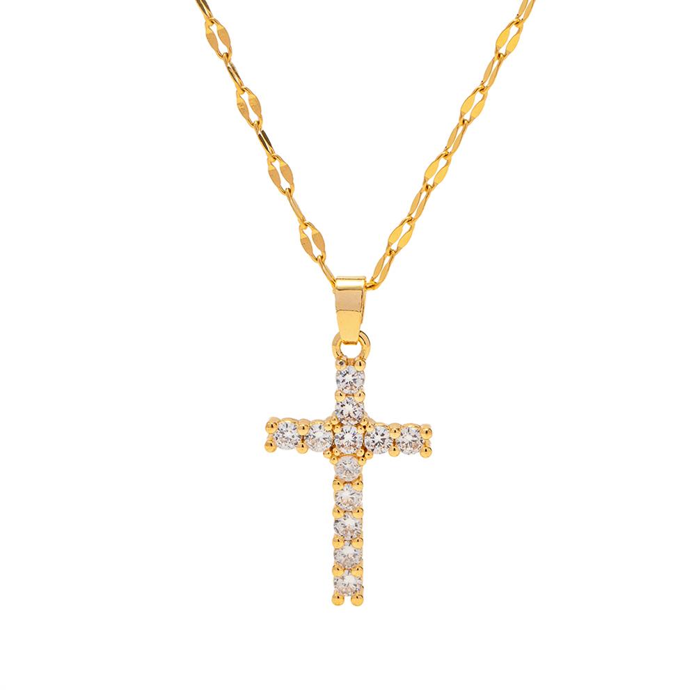 Uworld Retro 18K PVD Gold Plated Clear Crossed Zircon Necklace Cubic Zirconia Cross Pendant Necklace Collar Acero Inoxidable