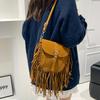 2025 New Fashion Suede Matte Ethnic Fringed Flannel Retro Versatile Shoulder Messenger Bag Rivet Saddle Bag