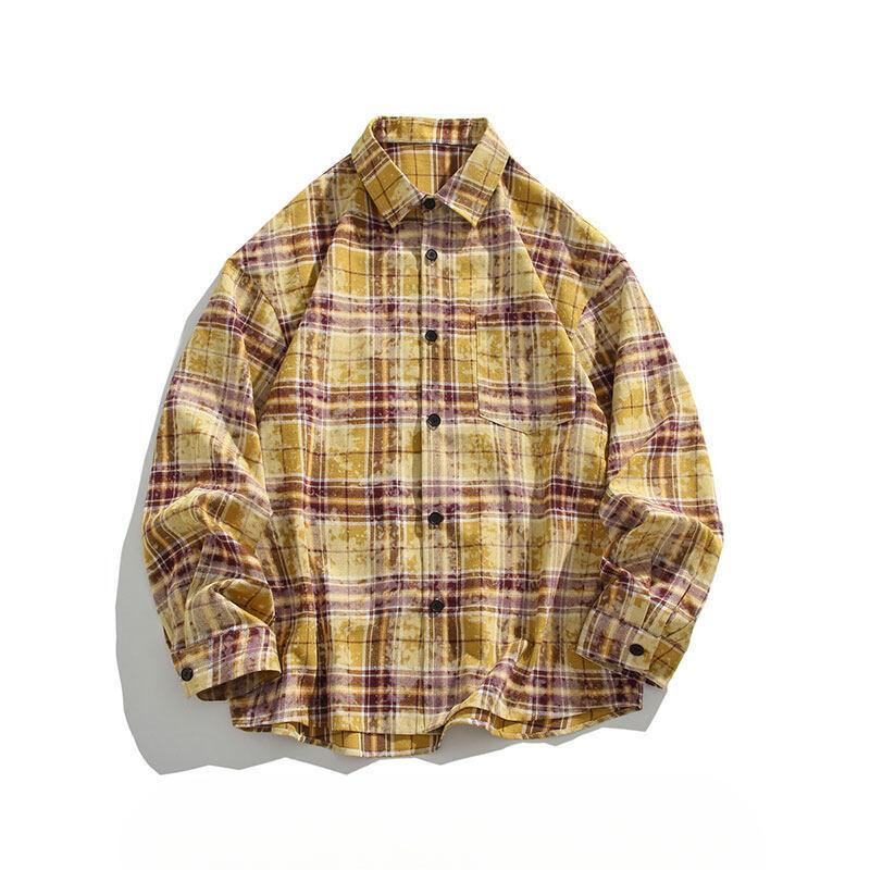 

Мужская японская мода ретро тай-дай контрастного цвета клетчатая большого размера рубашка с длинным рукавом нижнее белье куртка осенне-зимний топ XL