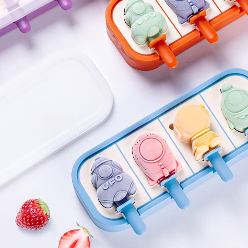 Cartoon Space Rocket Astronaut Ice Cream Silicone Mold With Lid Family Popsicle Ice Cube Tray Mold Cheese Kitchen Accessories