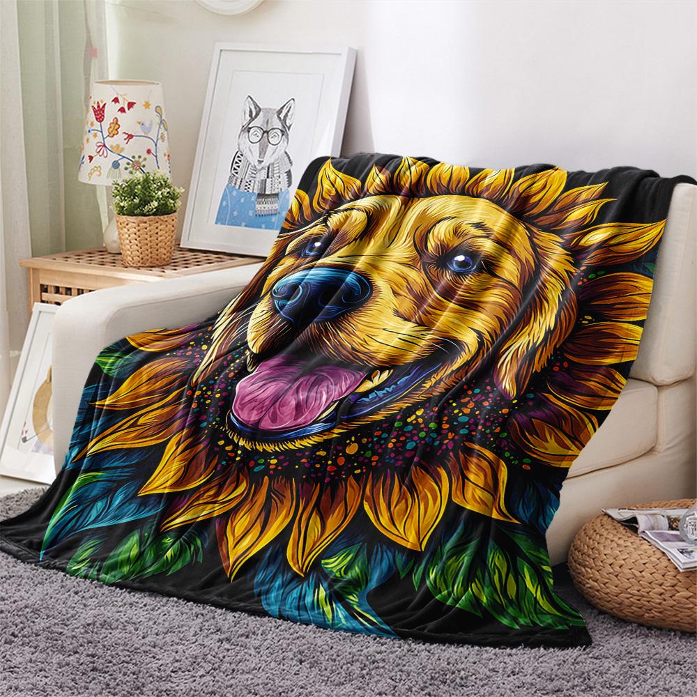 Sunflower Dog Print Flannel Blanket, High quality Comfortable for All Seasons, Home Decor, Warmth and Comfort, Perfect for Christmas Gifts