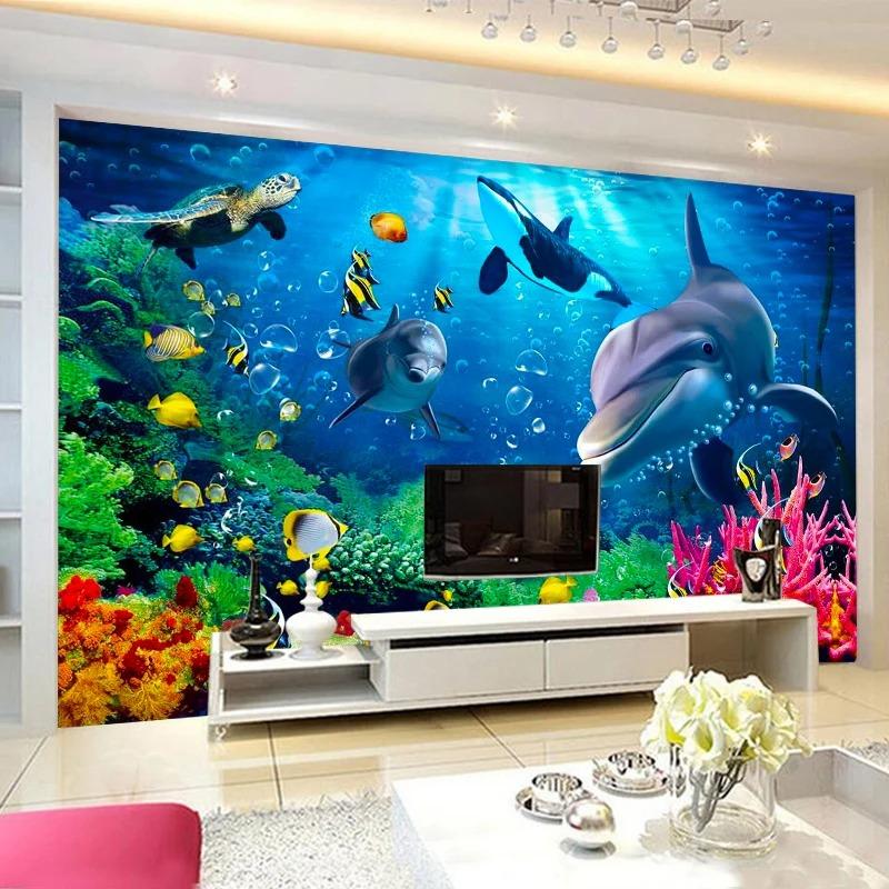 Underwater World 3d Wallpaper Dolphin Cartoon 3d Wall Mural Children Room Bedroom Photo Wall Paper