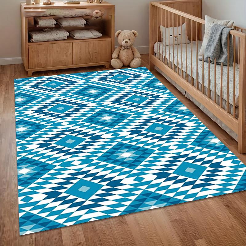 

Blue and White Geometric Area Rug with Repeating Diamond and Triangle Patterns for Modern Living Room Bedroom and Nursery Decor 40X60cm