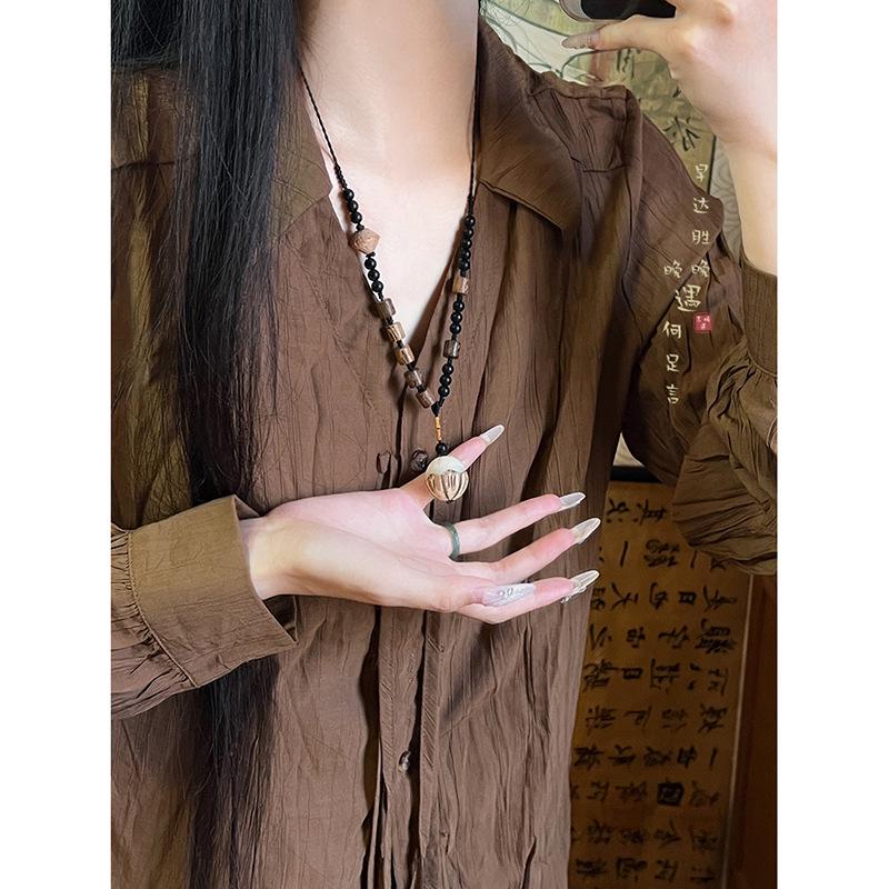 Hand-Woven Pine Nut Wood Bead Necklace - Chinese Retro Style Versatile Fashion Accessory