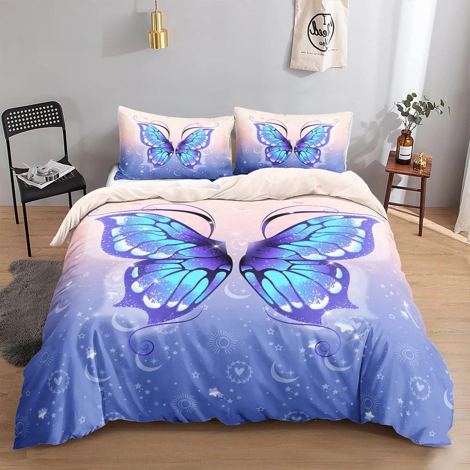 Vlinder Dekbedovertrek Set Volledige Maat, Regenboog Vlinder Beddengoed Set Voor Meisjes, Regenboog Vlinders Dekbedovertrek Set, Roze Paars 173x218cm