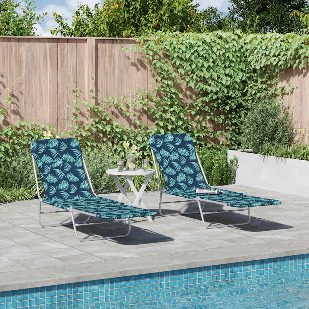 Folding Sun Loungers 2 pcs Steel and Fabric with Leaf Pattern