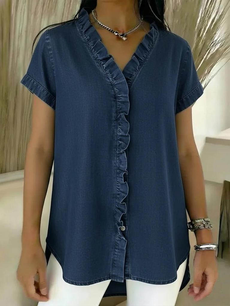 European & American V-Neck Ruffle Faux Denim T-Shirt - 2026 Collection, Short Sleeve, Casual Style