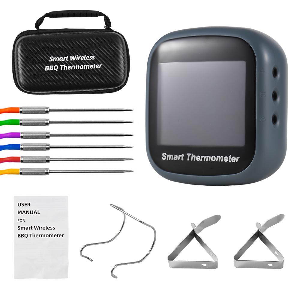 Kabelloses Fleischthermometer, LCD, digitales Grillthermometer mit Alarm, 6 Sonden, magnetisch, 164 Fuß BT