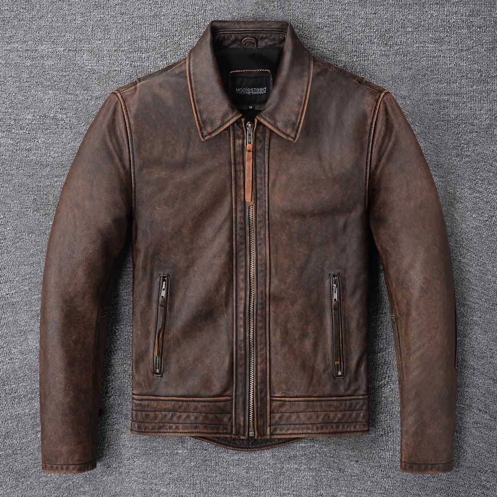 Tamanho chinês Homens Jaqueta de couro genuíno Vintage Marrom 100% Couro de vaca Casaco Homem Slim Moda Motociclista Roupas Tamanho asiático S-6XL M697