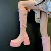 Mesh Breathable Knee Summer Boots Women Square Toe Chunky Platform Belt Buckle Decoration Boots Sexy High Heel Shoes