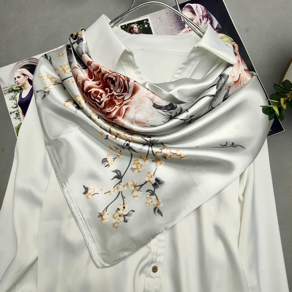 Grey Green Silk Scarf Headscarf For Women Spring Fall Elegant Cherry Blossom Big Square Scarves Wraps 90*90cm Neck Scarf Shawl