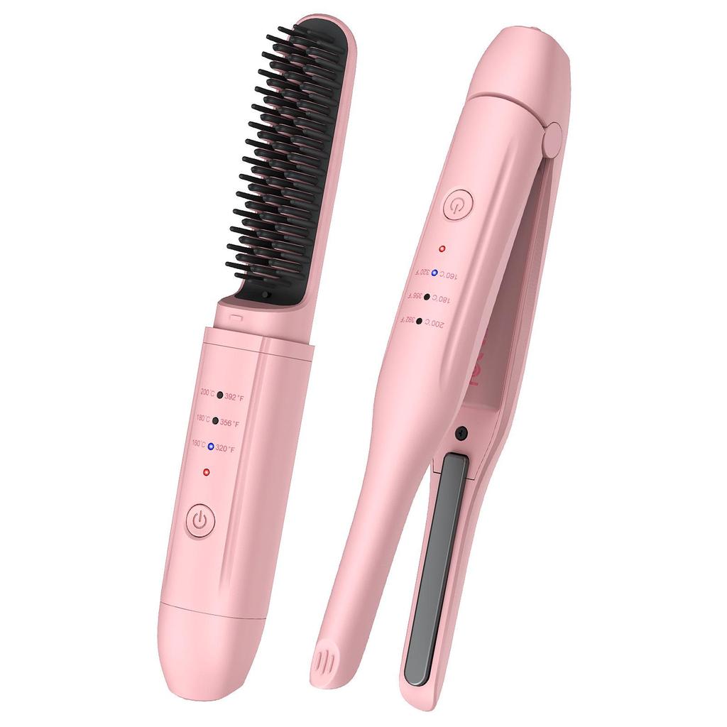 Korean Portable Ionic Hair Straightening & Curling Comb - Dual Purpose Wireless Set