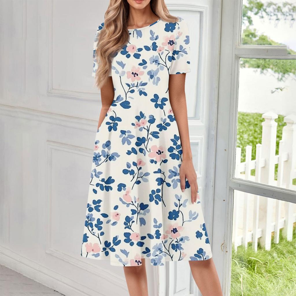 Women's Casual Fashion Round Neck Short Sleeve Floral Print Midi Dress