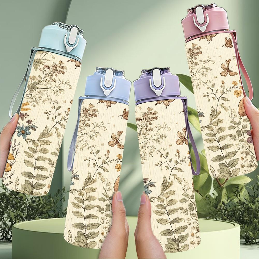 1PC Dried Vintage Botanical Plant Print 750ml Color Plastic Sports Water Bottle Leakproof Flip Straw Lid Suitable for Sports Office Home Use