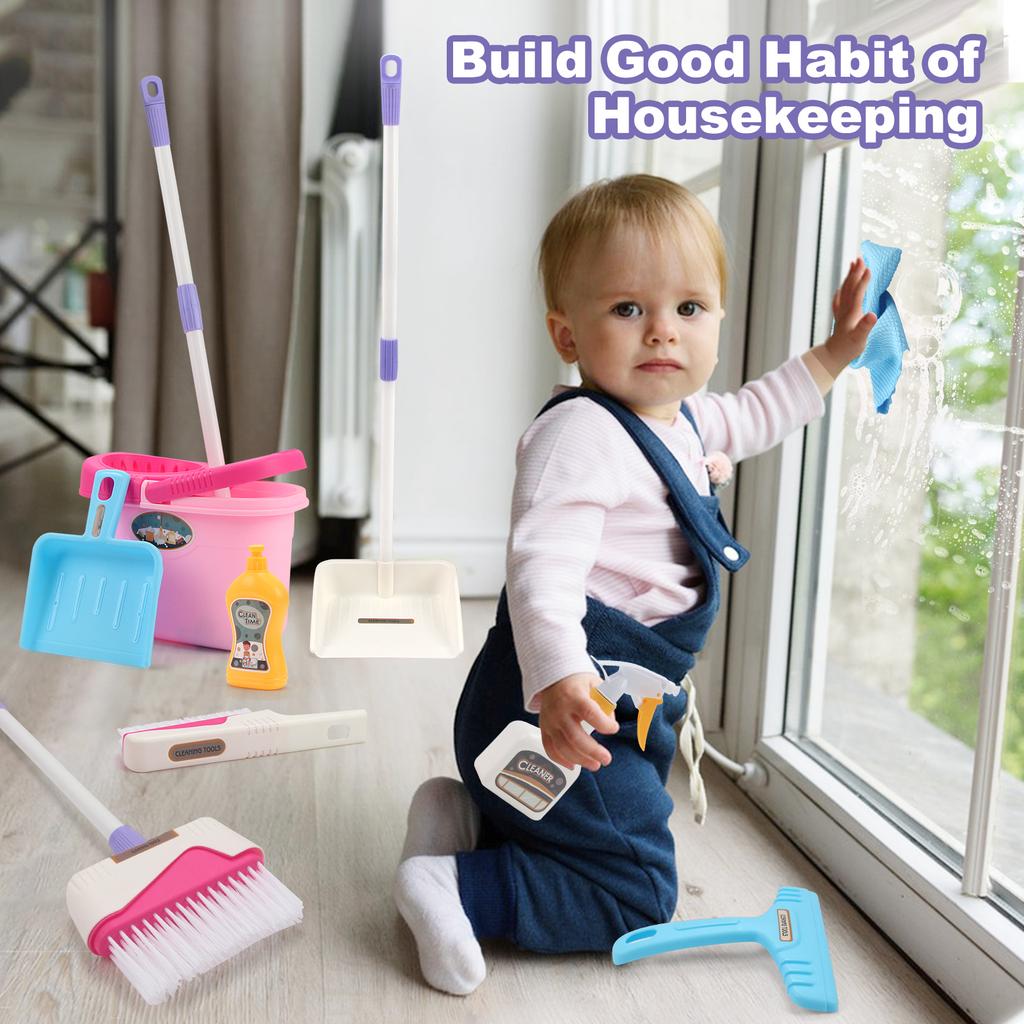 12ks/Sada Čisticí sada Simulovaná sada na domácí práce s koštětem lopatkou kyblíkem mopem Vzdělávací hračky na předstírání pro děti Dárky