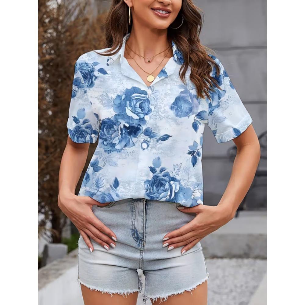 Minimalist and personalized print women's short sleeved lapel shirt, summer fashion, daily versatile casual top