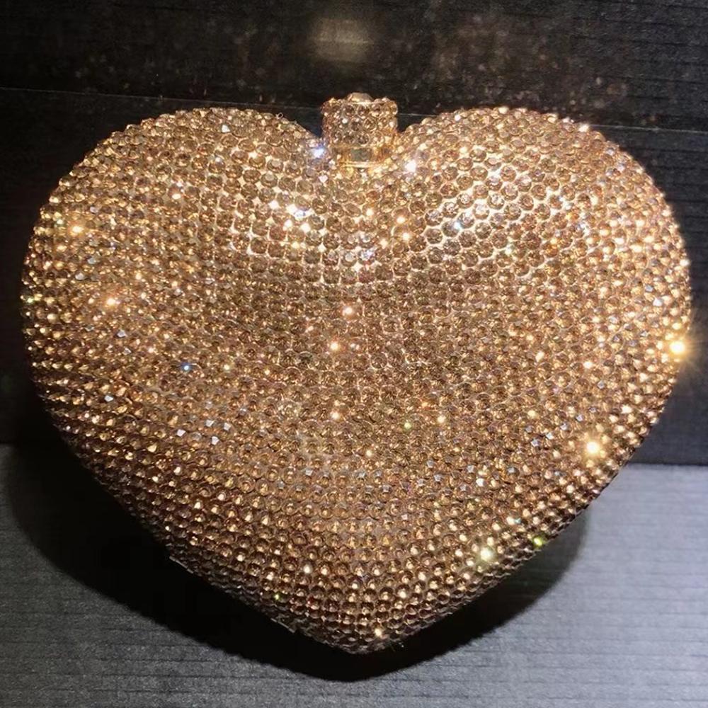 Heart-Shape Women’s Purse Diamond Evening Clutches Bag Red/Silver Gold Hard Metal Clutch Luxury Handbags Prom Dinner Purse