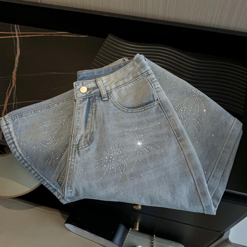 Women’s High Waist Shiny Rhinestone Denim Wide-Leg Pants - Early Spring Design