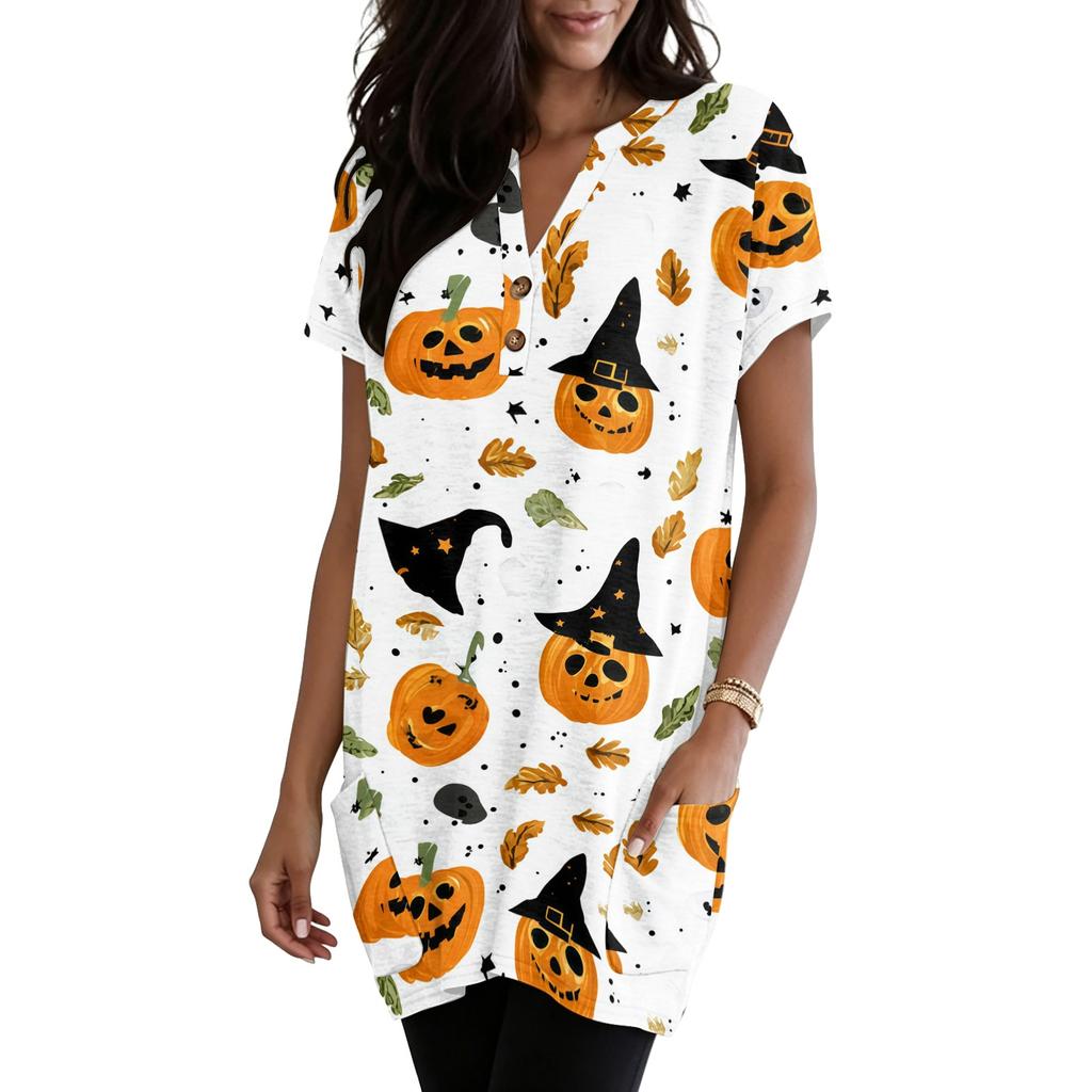 Women's V Neck Halloween Print Short Sleeve Pullover Dress with Pocket Casual Loose Fit Tunic Dress for Daily Wear