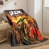 A warrior fights demons amidst fiery chaos with glowing weapons. for all seasons blanket lunch break throw gift