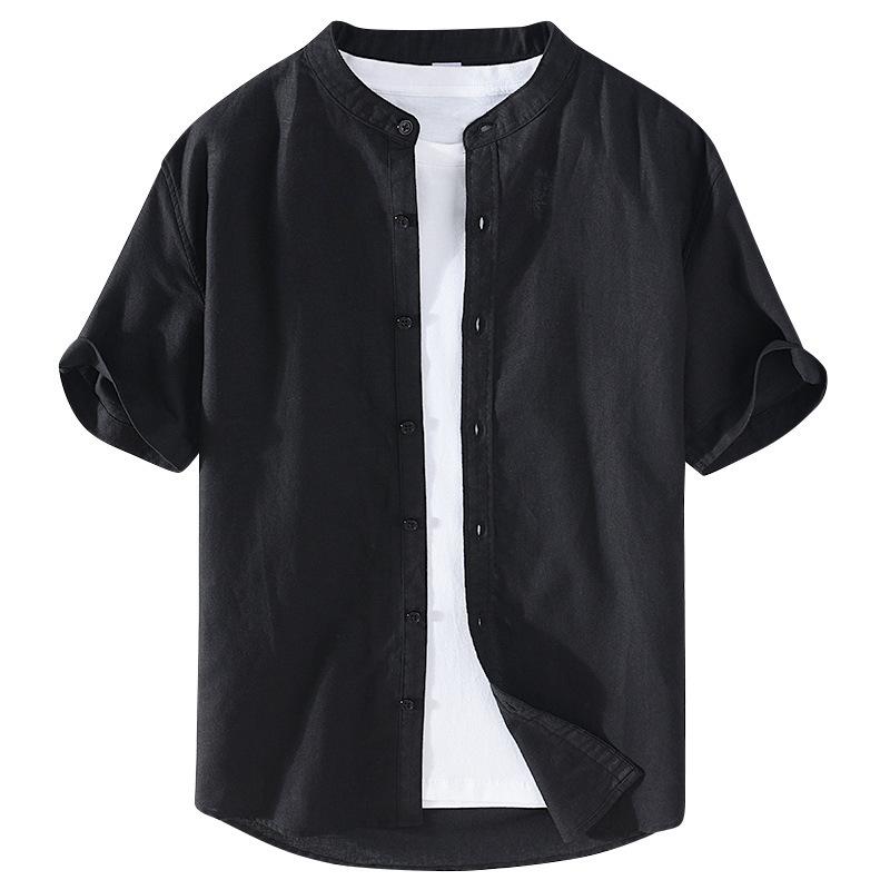 Cotton Linen Men's Short-Sleeved Shirts Summer Streetwear Plain Color Stand Collar Casual Beach Style Plus Size XS-3XL
