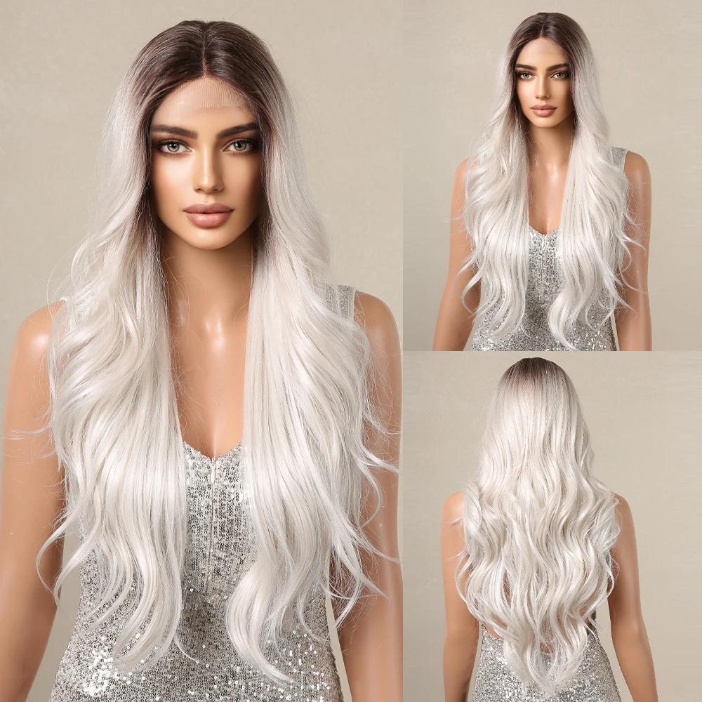 EASIHAIR Super Long Wavy Lace Front Synthetic Wigs Platinum Blonde Ombre Natural Lace Frontal Wig for Women Heat Resistant Cosplay Wig