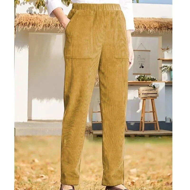 Fashion Straight Corduroy Long Pants Autumn Winter Casual Solid Color Elastic Waist Stripe Trousers Women Loose Fit Warm 30123