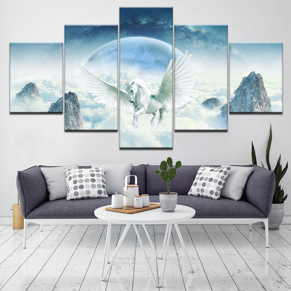 

White Pegasus 5 Piece Wall Art Canvas Print modern Poster Modular art painting for Living Room Home Decor 20x35 20x45 20x55cm