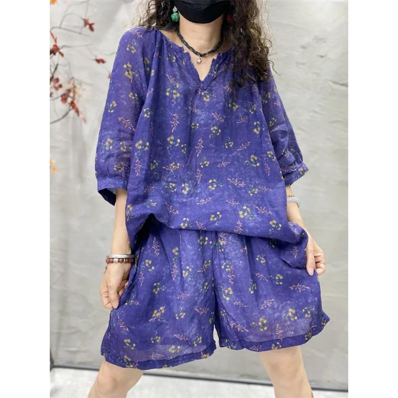 

Women Purple Floral Linen Two Piece Set V Neck Top Wide Leg Shorts L синий