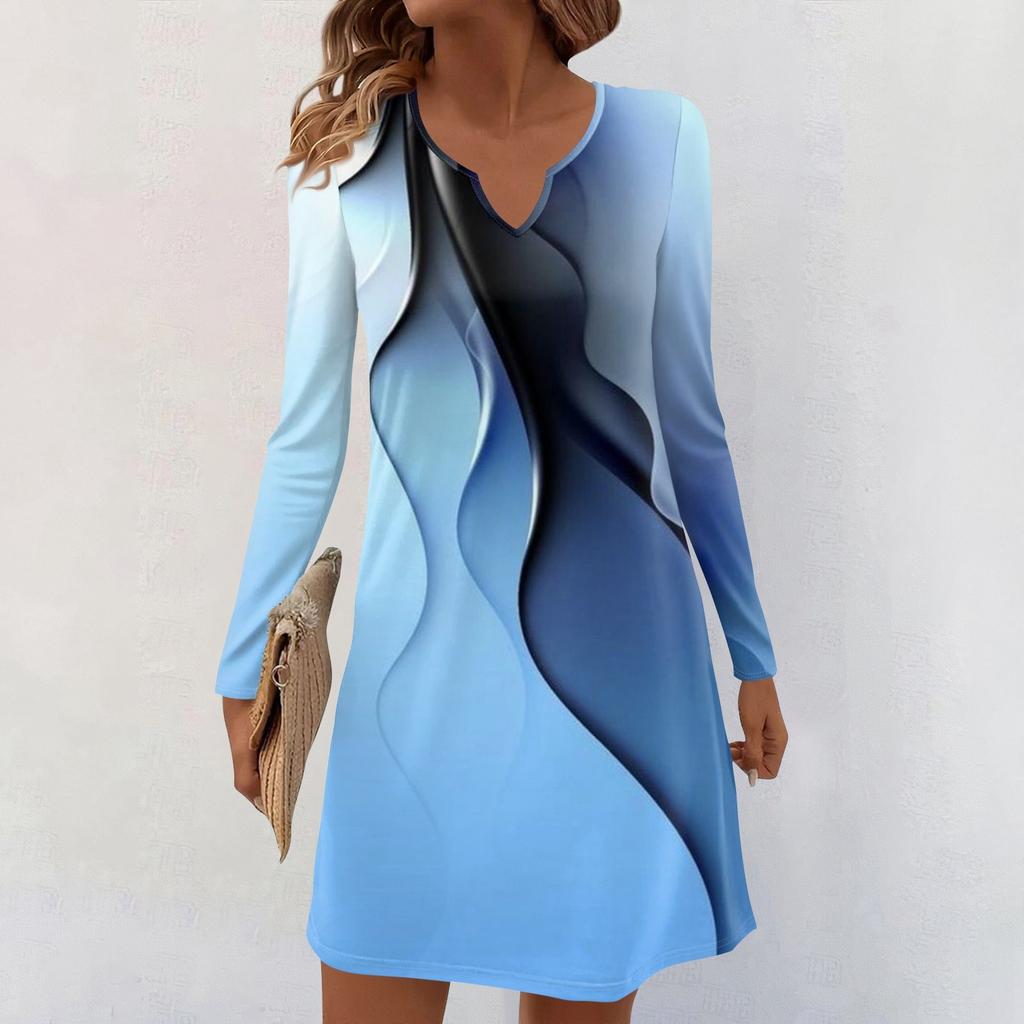 Women's Long-sleeved Casual Midi Dresses V-Neck Print  Casual Dress