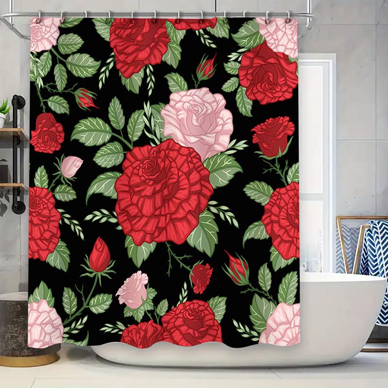 Beautiful Red Roses Flower Bath Shower Curtain Waterproof Washable Printing Decorative Rug Home Decoration (Multicolor) 90x180cm