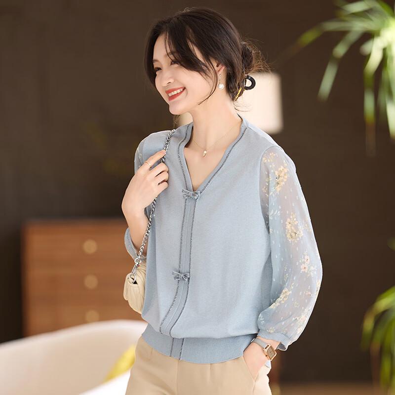 Xihui Women s New Chinese Style V-Neck Knitted Nine-Tenths Sleeve Top XL