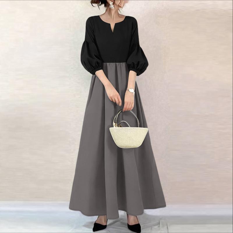 ZANZEA Lässiges, langes Kleid mit V-Ausschnitt und 3/4-Ärmeln für Damen