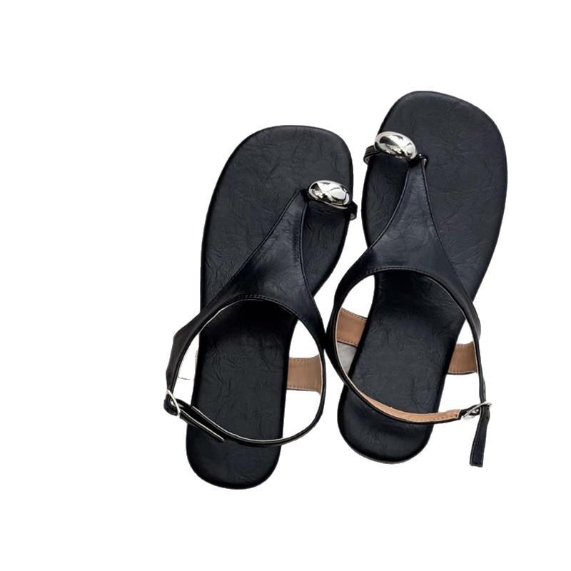 Retro One-word Buckle with Flat-bottomed Set of Toe Sandals for Women's 2025 Summer New Soft Leather Toe Roman Open-toed Sandals