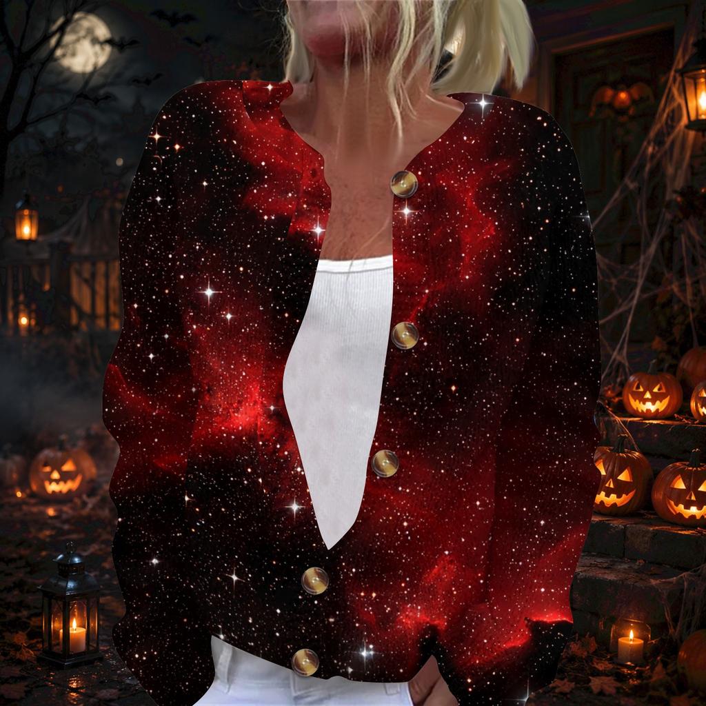 Damen Strickjacke mit langen Ärmeln und Halloween-Print, Pullover mit Knopfleiste für Herbst-Party-Outfits