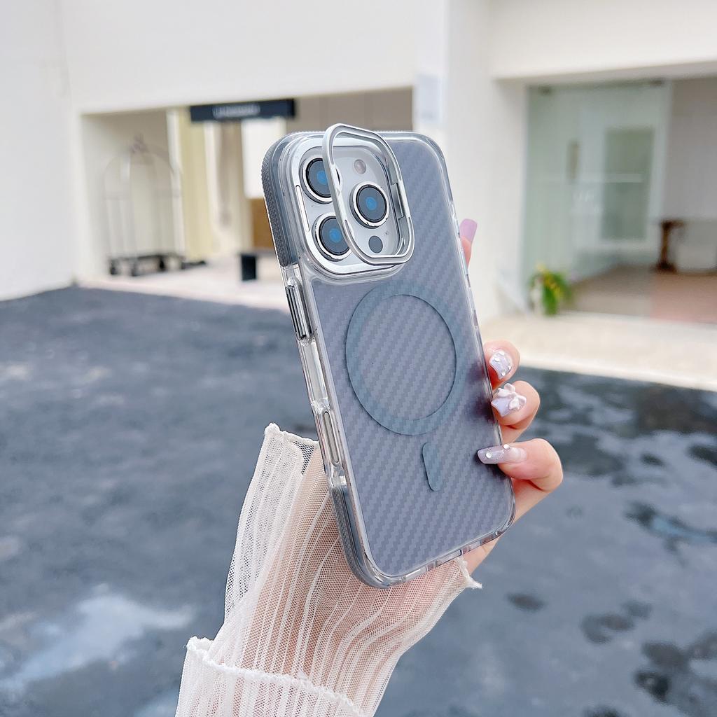 Applicable to iPhone17ProMax Xuncai carbon fiber pattern magnetic suction bracket mobile phone case Apple 16Pro anti-drop cover