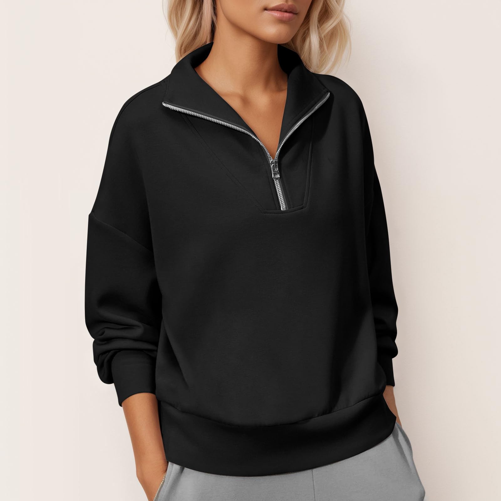 Womens Quarter Zip Pullover Sweatshirt Loose Fit Casual Plain Long Sleeve Lightweight Top for Everyday Wear L