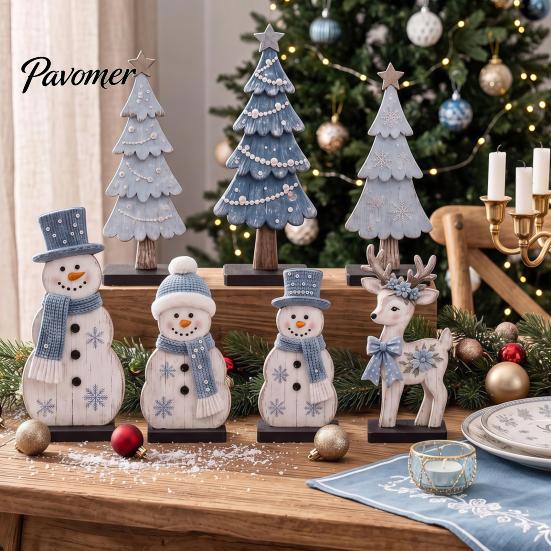 Handcrafted Holiday Gift Ideas 7Pcs Christmas Wooden Tabletop Ornaments, Snowman Tree Reindeer Tiered Tray Table Centerpieces Decor for Mantel, Rustic