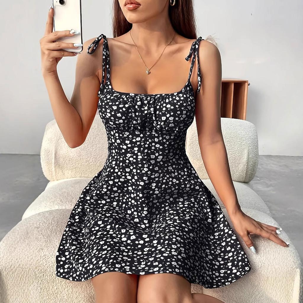 Women's Fashion Floral Print Waisted Spaghetti Strap Dresses