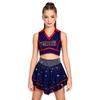 Kids Cheerleading Competition Wear V Neck Crop Top Rhinestone Trim Sleeveless with Built-in Shorts and Asymmetrical Ruffled Skirt